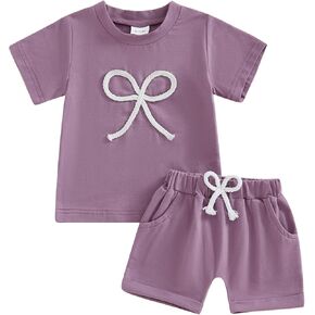Infant Toddler Baby Girl Summer Outfit Bow Embroidery Short Sleeve T Shirt Top Shorts Set 2Pcs Summer Clothes