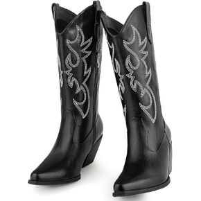 أحذية رعاة البقر النسائية منتصف العجل رعاة البقر المطرزة الغربية مدببة اصبع القدم الكعب مكتنزة على أحذية منتصف العجل in Kuwait