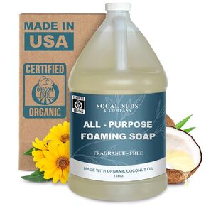 SoCal Suds & Company 128oz Certified Organic Foaming Hand & Body Wash - Gentle Natural Wash for Sensitive Skin, Moisturizing All-Purpose Foaming Castile Soap- Unscented
