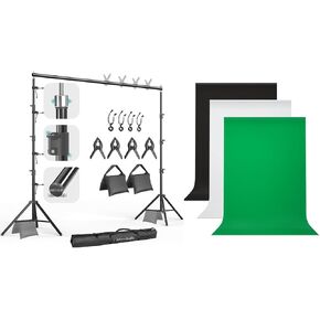 Julius Studio [Enhanced Heavy Duty] 10 x 10 ft. (W x H) Backdrop Stand Background Support System Accessory Kit / 10 x 20 ft. (W x H) White, Black, Green Backdrop Background Screen Bundle