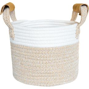 Small Round Cotton Rope Woven Basket with Handle, Small Laundry Basket & Hamper for Nursery, Bathroom Woven Storage Bins for Organizing Shelves, Towels, Books, Toys, Blanket
