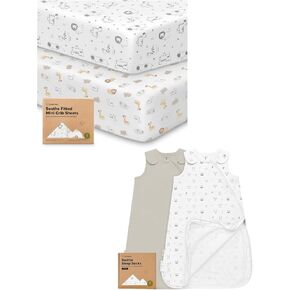 Keababies 2-Pack Mini Crib Sheets Fitted, Cotton Pack and 2-Pack Sleep Sacks, 100% Cotton - Playard Baby Crib Sheets, Jersey Crib Sheets Neutral - Wearable Blanket Baby Sleeping Sack, Swaddle Sack