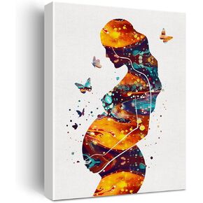 Watercolor Pregnancy Art Canvas Painting Pregnant Woman With Child Prints Medical Art for Home Living Room Wall Decor Framed Obstetrics Artwork Gifts(12x15 Inch)