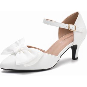 MAIERNISI JESSI Women's Bow Heels Closed Toe Kitten Heel Ankle Strap Dressy Wedding Pumps