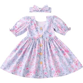 Flofallziqe Spring Girls Casual Dress Vintage Floral Button Scoop Back Kid Sundress for 2-8 Years