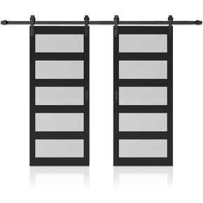 72 in. x 84 in. 5 Lite Tempered Frosted Glass Black Finished Composite Double Sliding Barn Door with Hardware Kit Handle