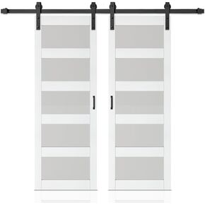72 in. x 84 in. 5 Lite Tempered Frosted Glass Black Finished Composite Double Sliding Barn Door with Hardware Kit Handle