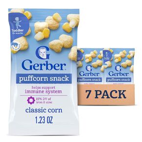 Gerber Toddler Snacks, Classic Corn Puffcorn Snack, Kernel Free, Heart Shaped, Zinc and Iron Helps Support Immune System, Toddler Food, 7-Pack