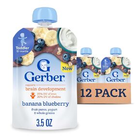 Gerber Toddler Food, Banana Blueberry, Fruit Puree, Yogurt & Whole Grains Pouches, Iron & Choline Helps Support Brain Development, No Artificial Flavors, 12-Pack