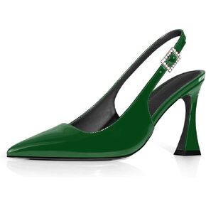 anteikira Women's Closed Toe High Spool Heel Buckle Slingback Pumps Patent Leather Stiletto Heels Fashion Wedding Party Evening Prom Heels for Women