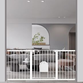 Extra Wide Baby Gate with Cat Door - Walk Through Small Pet Door Safety Gate for Stair Kitchen - Pressure Mounted No Drill 73.62"-76.38" Wide