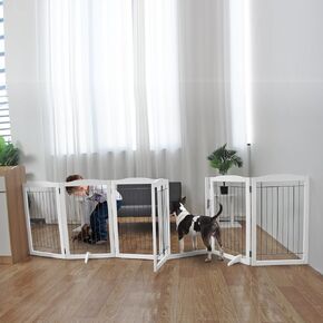 ZJSF Free Standing Panel Dog Gate with Door for Indoor,Doorways,House, Hallways,or Stairs Freestanding Foldable Gate for Dog White Wooden Puppy Gate Pet Gate 32''H