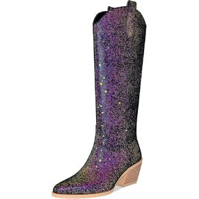 Sparkly Cowboy Boots for Women Pointed Toe Knee High Chunky Heel Western Cowgirl Dress Boots for Wedding Party Side Zipper Pull Tab