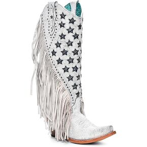 CORRAL LADIE'S WHITE LAMB LUMINISCENT EMBROIDERY & STAR STUDS & FRINGES, LEATHER SOLE, COWHIDE/LAMB LEATHER, WESTERN BOOTS, C4155