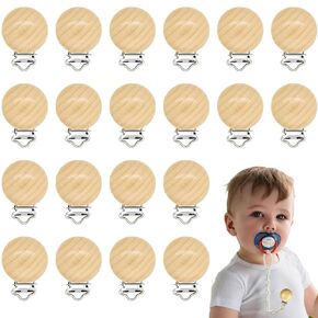 20 Pieces Wood Pacifier Clips Teething Grasping Toy Suspender Clips Natural Beech Wood Pacifier Clip Holder Charm DIY Pacifier Clips Chain Accessories