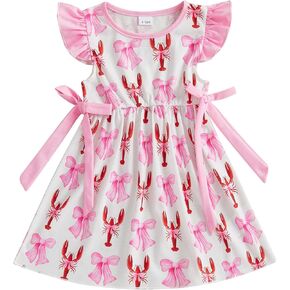 Toddler Baby Girl Lobster Dress Outfit Pink Bow Crawfish Print Fly Sleeveless A-Line Dresses Princess Summer Clothes