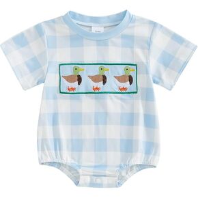 Infant Baby Boy Summer Outfit Short Sleeve Mallard Duck Embroidery Checkered Bubble Romper Newborn Hunting clothes
