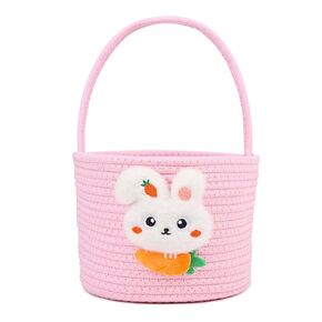 DIYASY Easter Basket for Kids, Woven Bunny Eggs Basket with Handle Gifts Tote Bag Candies Buckets for Boys Girls Toddler Baby Party Decorations Pink