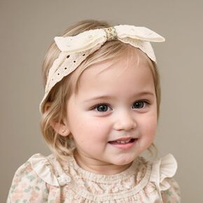 Bethynas Baby White Lace Elastic Headband Toddler Hair Bow Baptism Christening Hairband Infant Soft Fabric Birthday Party Headwrap Accessory for Newborn Little Girl (Off-white 4, Elastic)
