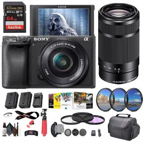 Sony a6400 Mirrorless Camera with 16-50mm Lens (ILCE-6400L/B) + Sony E 55-210mm f/4.5-6.3 OSS Lens + 64GB Memory Card + NP-FW50 Battery + More
