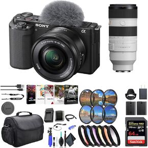 Sony ZV-E10 Mirrorless Camera with 16-50mm Lens Black ILCZV-E10L/B, Sony FE 70-200mm Lens, 64GB Memory Card, Filter Kit, Color Filter Kit, Lens Hood, External Charger, and More