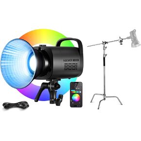 NEEWER CB100C 130w RGB LED Video Light with Pro 100% Stainless Steel Heavy Duty C Stand, APP/2.4G Control 360° Full Color 2700K-6500K 27000lux/m COB Bowens Mount Silent Continuous Output Lighting