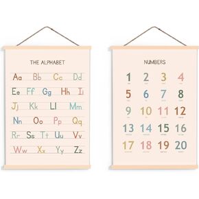 2Pc Alphabet Numbers Poster Hanger Framed 12"x16", ABC Banner Poster Wall Art with Wooden Frames Decor for Toddler Playroom, ABC Nursery Wall Decor, Back to School