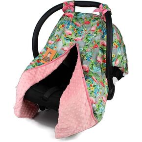Dear Baby Gear Baby Car Seat Canopy, Tropical Flamingos Hibicus on Grey, Coral Minky