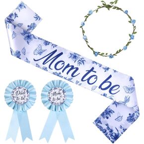 Serencatcher Chinoiserie Baby Shower Decorations Dusty Blue, Blue Floral Mom to Be Sash Mom Dad to Be Corsage Pin Flower Crown Headband for Baby Shower Party Favors Pregnancy Props Keepsake Gifts