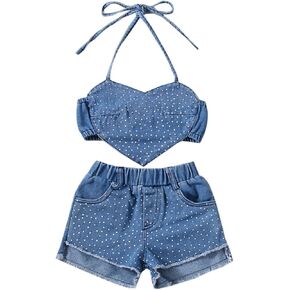2PCS Baby Girl Denim Clothes Tie-Up Neck Heart Shape Dotted Crop Tops + Ripped Short Jeans Sets