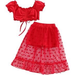 2PCS Baby Girl Summer Outfits Puff Sleeve Drawstring Crop Tops + Dotted Mesh Skirt Shorts Sets