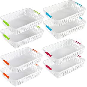 8 Pack Plastic Storage Baskets with Handle, 12 x 7.6 x 2.6 Inch Plastic Basket, Colorful Storage Bin for Classroom, Office, Kitchen, Bathroom, Bedroom