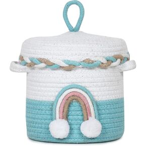 Kalakriti Rainbow Pattern Cotton Cute Decorative Rope Basket Storage Organizer | Collapsible Woven Baskets with Lid for Kidroom | Living Room | Kids Toy Pillow | Nursery Gift Hamper Bin Blue, White