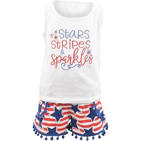 Unique Baby Girls Toddler Big Kid Sleeveless Tank with Pom Pom 2pc Shorts Set Outfit