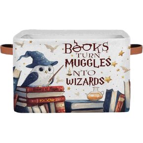 Magic Nursery Decor Baby Basket Large Blue Hat Wand Basket Owl Kid Gift Collapsible Book Shelf Clothes Basket Rectangle Toy Bin 15"x11"x9.5"