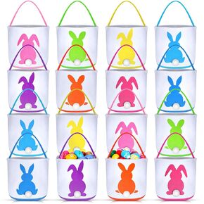 Domensi 16 Pcs Easter Baskets for Kids Bunny Basket Bags Easter Basket Bulk Boys Girls Eggs Hunt Bag with Handles Fluffy Tails Printed Rabbit Bucket Tote for Easter Party Decoration Favor