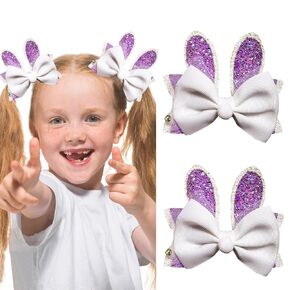 Easter Bunny Bow Clips for Girls,Alligator Clips with Shiny Sequin Ears Design Adorable Spring Hair Accessories,Pink Purple Yellow Barrettes -2Ppcs (Purple)