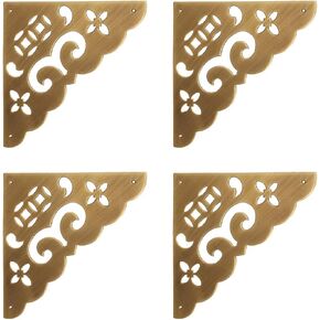 4Pcs 4"/10.3cm Large Size Antique Brass Hollow Pattern Corner Protectors Vintage Hardware Desk Edge Wooden Jewelry Gift Box Cabinet Corner Guard