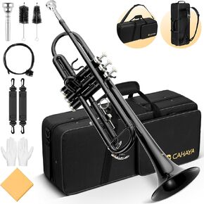 CAHAYA Bb Standard Trumpet Set: Brass Student Trumpet Instrument with Hard Case 7C Mouthpiece Gloves for Beginner or Advanced Student Band Orchestra Gold