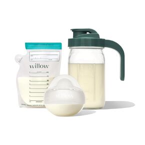 Willow - Glass Breastmilk Pitcher, Passive Manual Breast Pump & 8oz Breast Milk Storage Bags Bundle