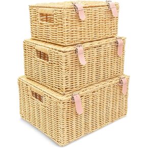 Wicker Storage Baskets with Lids – Set of 3 (Large, Medium, Small) for Organizing Clothes, Toys, Books – Stackable Basket with Lid for Bedroom, Nursery, and Home Decor