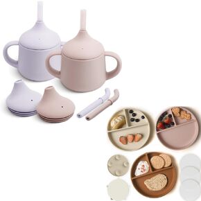 Moonkie Silicone Baby Sippy Cups 2-Pack & Suction Plates for Baby 3-Pack | 3-in-1 Training Cup with Straw, Spout, & Open Cup | 100% Silicone, BPA-Free, Dishwasher Safe, Perfect for Infants & Toddlers
