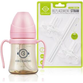 GROSMIMI PPSU Spill Proof Magic Sippy Cup 6 oz (Pink) + Replacements (Straw kit 2-counts, Stage 2)