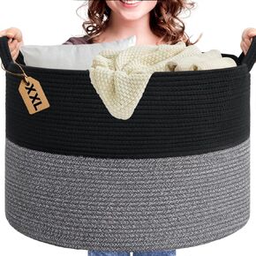 Extra Large Blanket Basket for Living Room – Large Woven Storage Basket 22" x 14" – Cotton Rope Organizer for Blankets, Towels, Laundry – Decorative Storage Bin & Toy Baskets with Handles - Beige