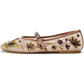 MRKEWUNEY Mesh Ballet Flats for Women Embroidered Floral Round Toe Mary Jane Flats