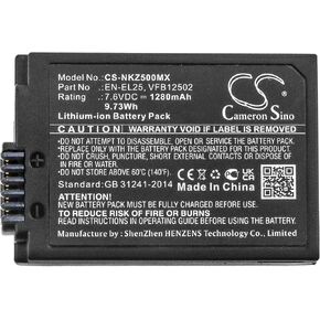 CS Cameron Sino 1280mAh / 9.73WH بديلة للبطارية (Nikon) Z50 ، Z50 ZFC ، EN-EL25 ، VFB12502
