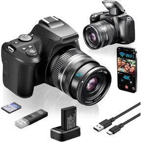4K Digital Camera for Photography with WiFi, 10X Optical Zoom Vlogging Camera for YouTube 64MP Autofocus Compact Camera with 64GB SD Card, Battery, USB Card Reader & Charging Stand
