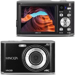 Minolta 48 Mega Pixels Point & Shoot Digital Camera with Rear Selfie Lens, Autofocus & 4K Ultra HD Video, Black