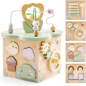 ROBUD Wooden Activity Cube, Educational Wooden Toys with 7 Functional Areas, Montessori Toys for 1+ Year Old Boys & Girls, Flower Bush Theme