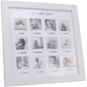 Baby's First Year Photo Frame, Collage Frame for Baby in White Frame with Mat 12 Months Newborn Monthly Picture Frame My First Year Photo Frame for Baby Growth Record Baby Keepsake